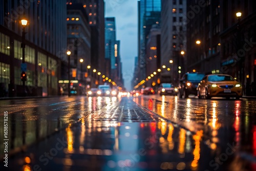 Shiny Reflections on a Rain-Soaked City Street at Night

