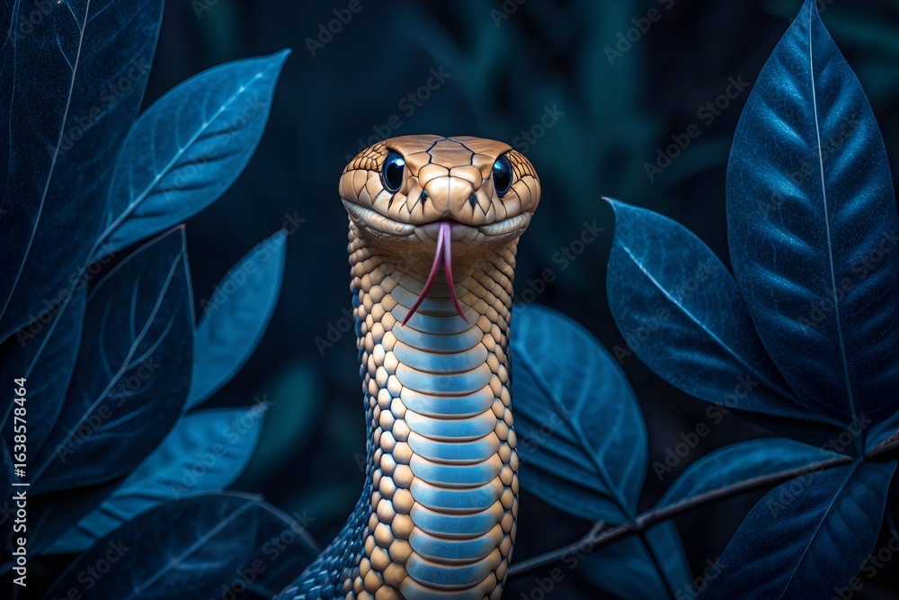 Fototapeta premium Snake Coiled with Tongue Extended Amid Dark Blue Foliage