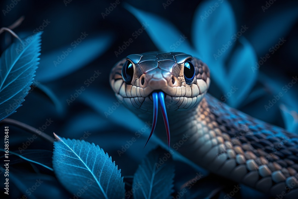 Obraz premium Coiled Snake with Tongue Out Surrounded by Deep Blue Leaves