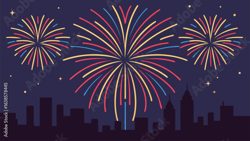 City Skyline Silhouette With Fireworks Display At Night vector illustration