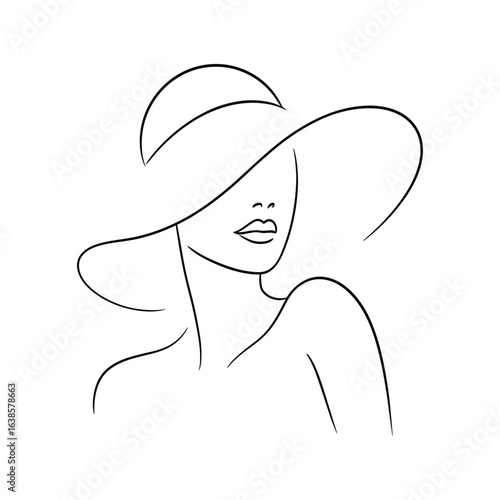 Minimal line art woman in wide‑brim hat with elegant lips and bare shoulders