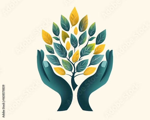 Hands nurturing a vibrant tree with green and yellow leaves symbolizing growth and harmony in nature