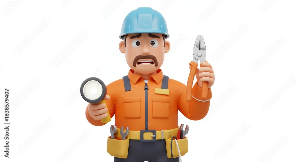 Fototapeta premium Cartoon repairman with tools and confused expression