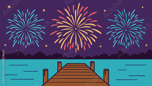Fireworks Display Over Calm Water With Wooden Pier At Night celebration