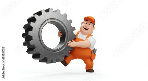 Smiling mechanic holding a large gear cartoon character