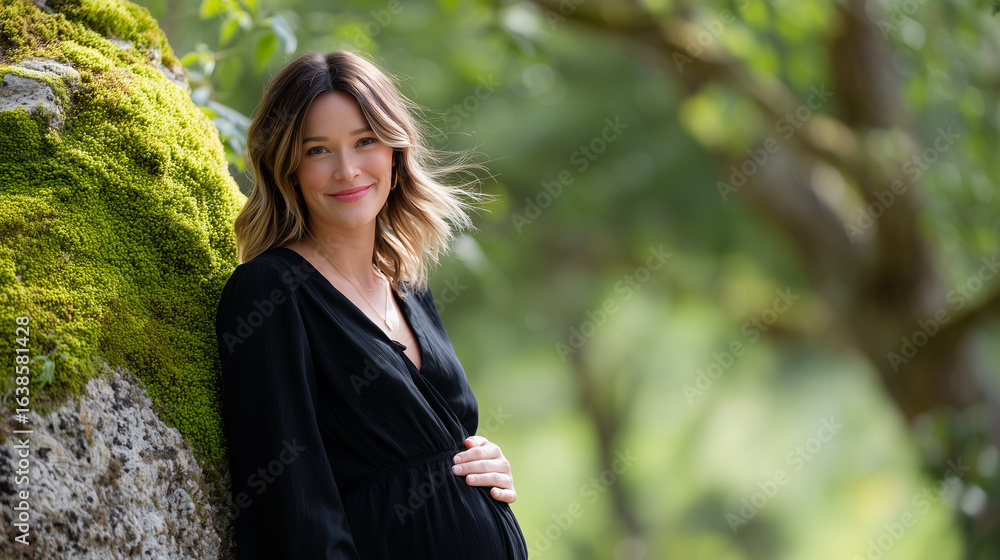 A beautiful pregnant woman with her hand on her belly standing near a mossy tree in the green nature A beautiful pregnant woman with her hand on her belly standing near a mossy tree in the green nature