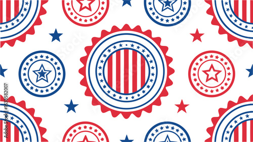 Scattered American patriotic circular emblems and stars on white background vector illustration