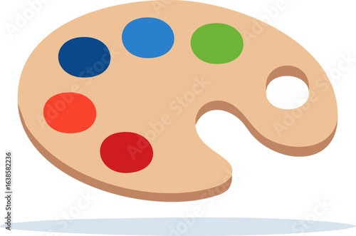 Wooden artist paint palette with colorful paint spots, flat vector illustration