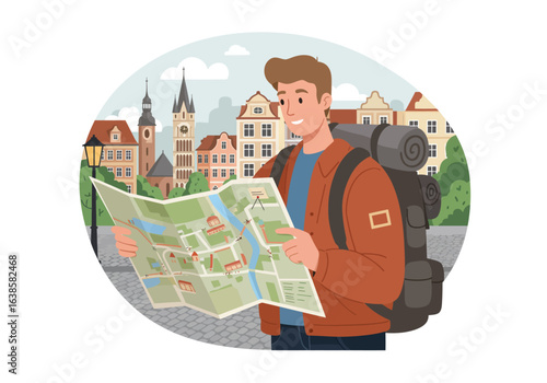 Smiling Backpacker Tourist Studying City Map.