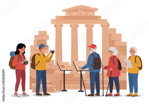 Tourists Exploring Ancient Ruins with Columns and Information Panels.