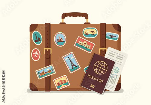 Vintage Travel Suitcase with Passport and Travel Stickers.