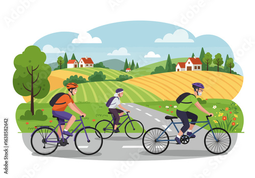 Three Senior Citizens Enjoying a Scenic Bicycle Ride.