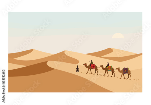 Desert Caravan: Camels and Riders Crossing Sand Dunes.