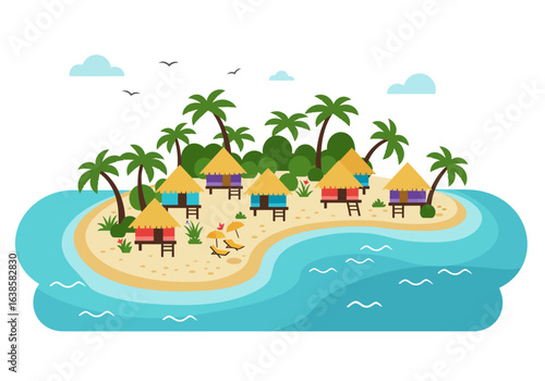Tropical Island Beachfront Bungalows with Palm Trees.