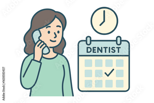 Woman making dentist appointment with calendar and clock symbol in flat design