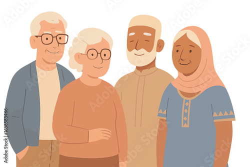 Diverse group of seniors smiling in warm toned portrait