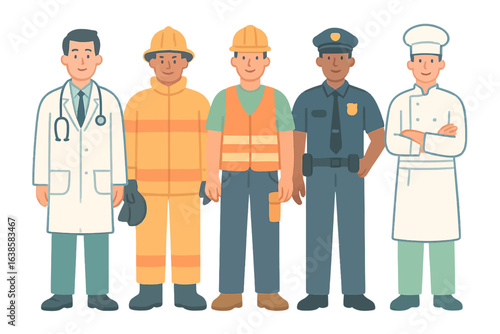 Diverse professions in modern style: doctor, firefighter, worker, police officer, chef