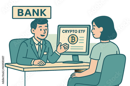 Banker discussing cryptocurrency etf with client in modern office setting
