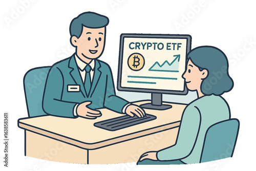 Financial advisor discussing cryptocurrency etf with client in office setting