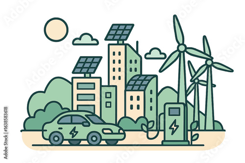 Sustainable urban landscape with electric car and renewable energy sources