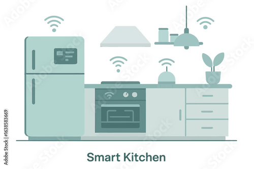 Modern smart kitchen design with wi-fi enabled appliances and mood lighting