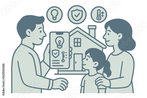 Family using smart home technology for energy efficiency and safety