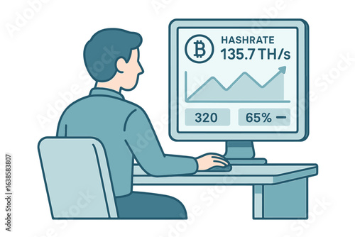 Crypto mining concept with graph on screen in modern office setting