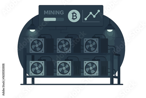 Cryptocurrency mining farm with bitcoin symbol: modern technology concept in dark mode