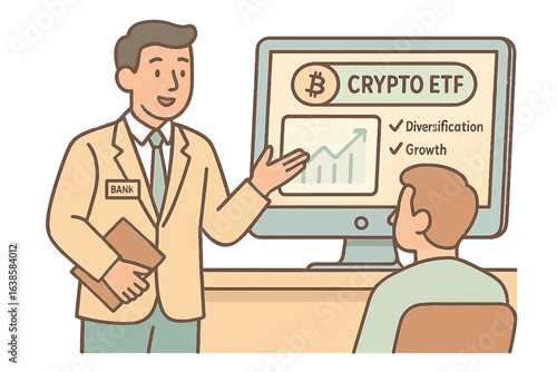 Financial advisor presenting crypto etf growth and diversification strategy in modern office