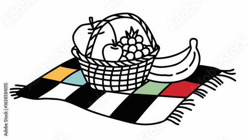 Fresh fruit picnic basket on checkered blanket invites relaxation and outdoor fun