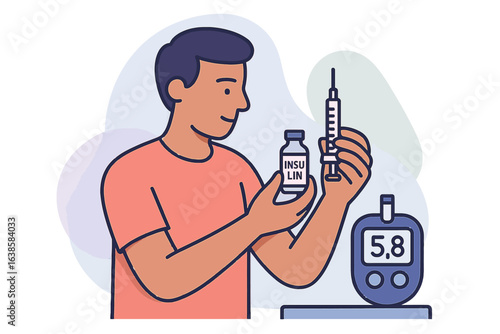 Person holding insulin bottle and syringe with glucometer for diabetes management