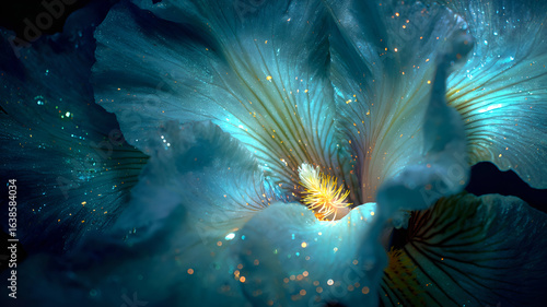 Dreamy Flower Macro Abstract Art in Shimmering Blue Green with Soft Glow