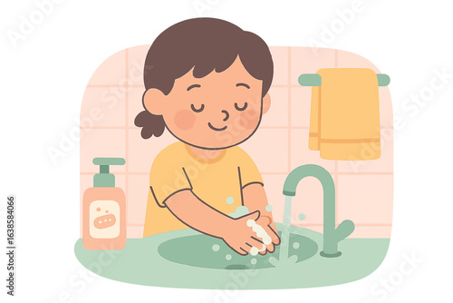 Child washing hands with soap in cartoon style bathroom scene