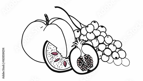 Fresh fruit illustration with peach, pomegranate, and grapes, perfect for healthy eating concepts