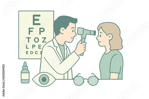 Eye exam concept with optometrist and patient in soft linear style