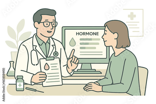 Doctor discussing hormone test results with patient in modern medical office