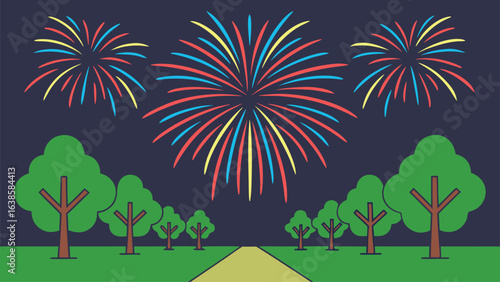 Vibrant fireworks illuminate a park scene with trees and a pathway at night Keywords: fireworks