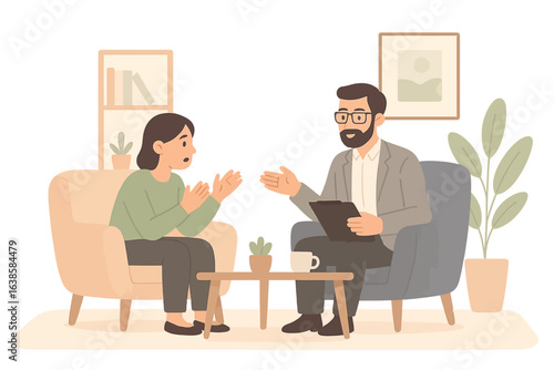 Therapy session in warm tones: therapist and patient engaged in conversation