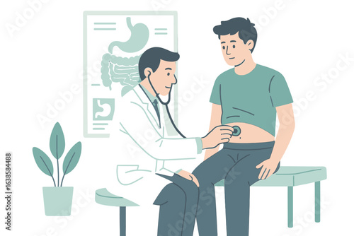 Doctor examining patient with stethoscope in medical clinic cartoon style