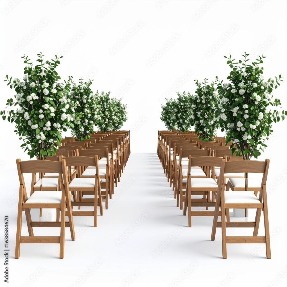 Obraz premium Wooden Chairs and White Flowering Plants Wedding Ceremony Setup