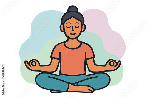 Calm meditation pose with ambient glow background in cartoon style