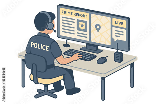 Isometric police officer monitoring live crime report on dual screens