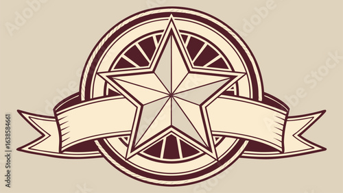 Vintage Star Emblem with Ribbon and Circular Frame badge award