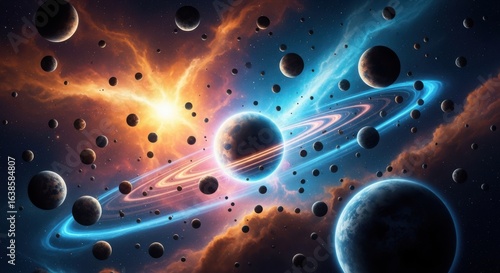 Vast cosmic nebula with swirling planets and glowing astronomical phenomena
