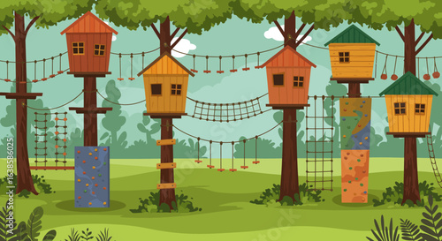 Exciting treetop adventure park featuring colorful treehouses, rope courses, and climbing challenges for outdoor recreation.