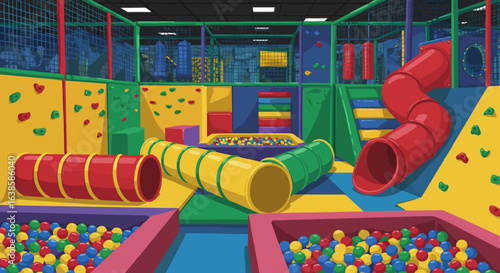 Vibrant indoor playground illustration with a slide, ball pits, and tunnels, a fun activity center for kids.