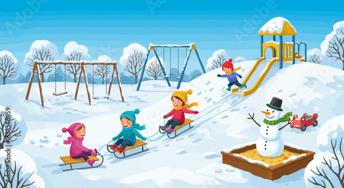 Happy children playing in a snowy park, sledding down a hill and enjoying a beautiful winter day together