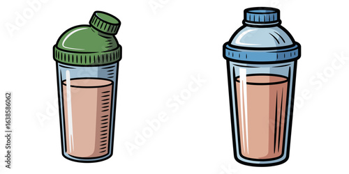 Set of protein shake in bottles, nutritious and energizing, hand-drawn illustration
