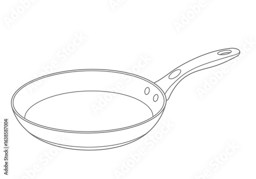A grayoutlined frying pan angled to the right showcasing a handle with a hole on the top