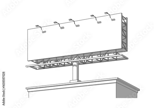 A line drawing depicts a billboard with five lights atop a building The billboard structure is visible